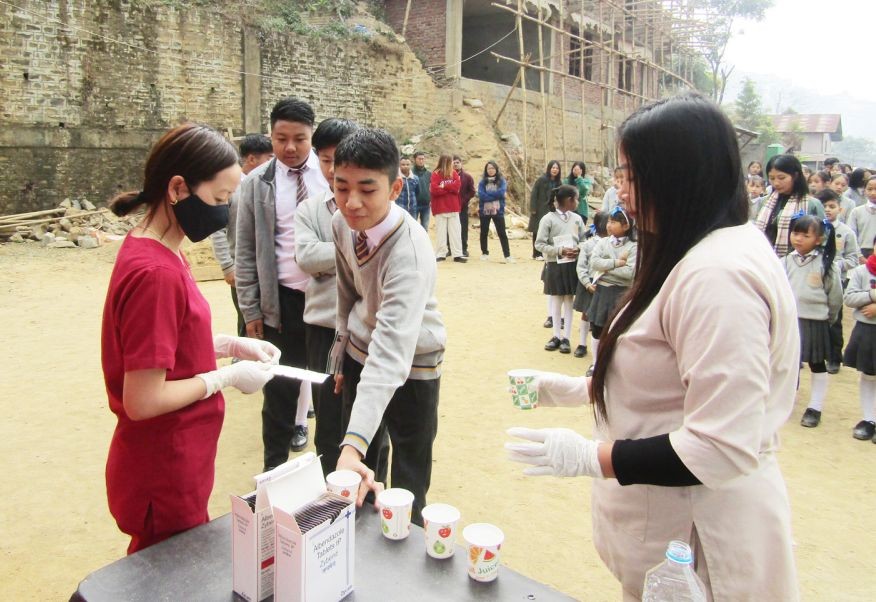 Mokokchung: Students taking the albendazole tablet during the National Deworming Day programme in Mokokchung district on February 10. (Photo Courtesy: CMO Mokokchung)